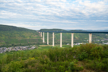 High Moselle bridge, Mosel river valley Zeltingen Rachtig, highway crossing through vineyard, german autobahn