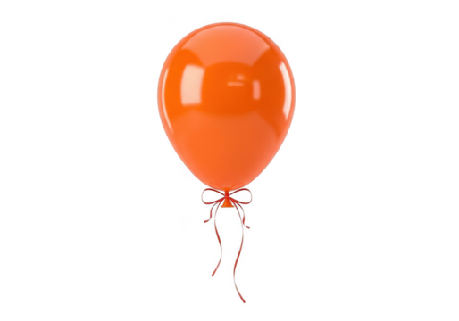 A single orange balloon tied with a ribbon and bow, isolated on transparent background grainy