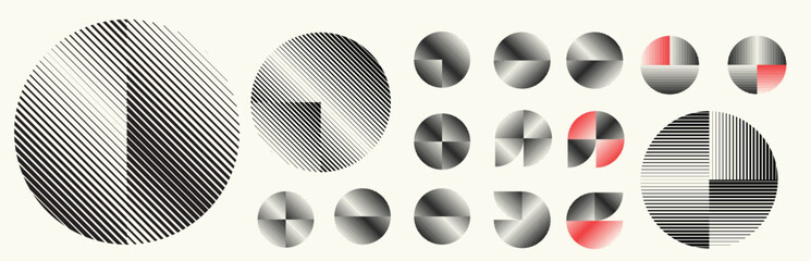 Abstract geometric line shapes set - modern deform semi circles and segmented circles for branding and layout design with red accent . Toolkit collection , for modular design projects. Vector pack.