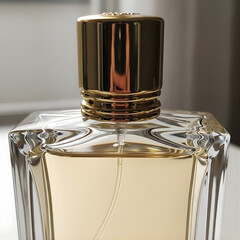 Closeup of a silver and glass perfume bottle with liquid isolated on a black background