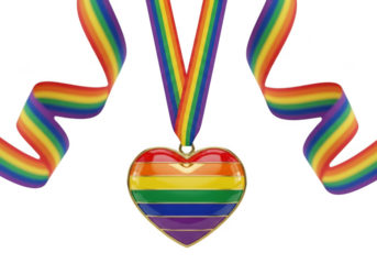 Rainbow heart medal with ribbon isolated on transparent background grainy