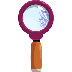 Magnifying Glass with Purple Rim and Wooden Handle Focuses on a Blue Fingerprint on a Transparent Background
