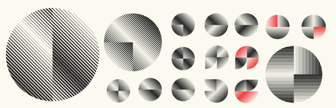 Abstract geometric line shapes set - modern deform semi circles and segmented circles for branding and layout design with red accent . Toolkit collection , for modular design projects. Vector pack.