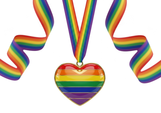 Rainbow heart medal with ribbon isolated on transparent background grainy