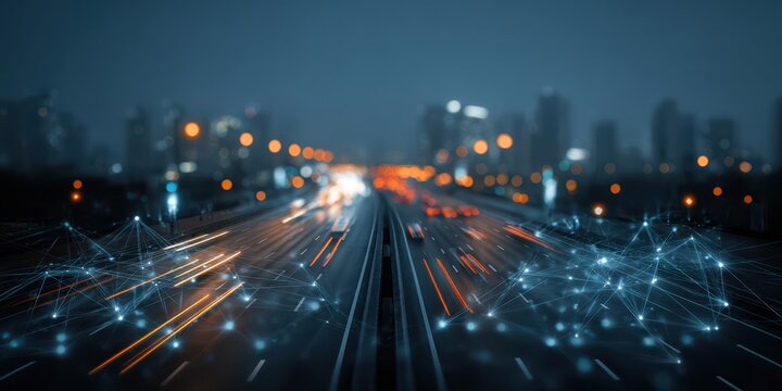 Futuristic city highway at night with glowing network connections, symbolizing technology and innovation