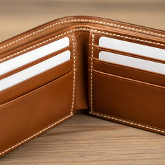 Close-up macro detail of an open, old, textured, brown leather wallet or purse for business finance and cash on a white background