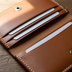 Business equipment with a brown leather wallet, pen, and notebook for personal work and data organizer