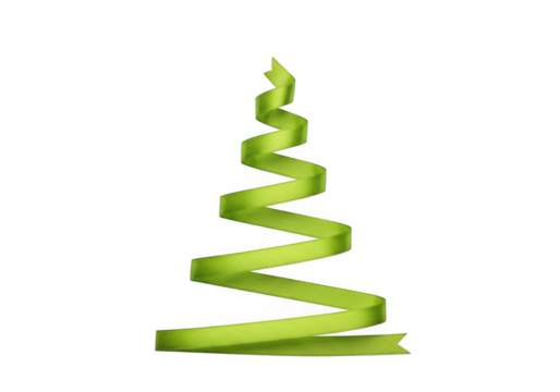 Green ribbon twisted into a christmas tree shape isolated on transparent background grainy