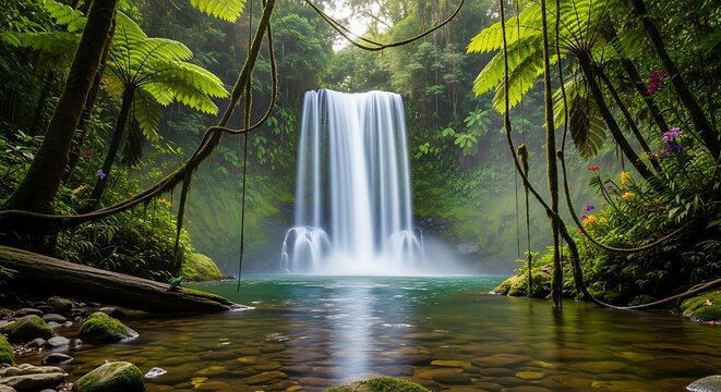 Majestic waterfall flowing into a serene pool in lush green forest