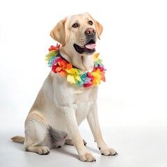 Happy Labrador Retriever Wearing a Colorful Hawaiian Lei