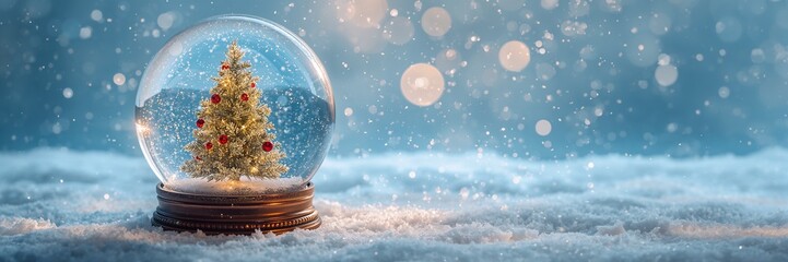 Dreamy holiday snow globe with Christmas tree and sparkling lights creates magical winter wonderland feel, perfect for festive greeting cards and seasonal promotions