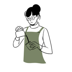 Hand-Drawn Line Art Illustration of Female Barista Pouring Milk to Make Latte Art