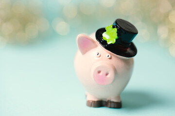 Lucky pig with shamrock on hat, celebrate happy new year, good luck wishes, bokeh lights, background, greeting card or banner © Berit Kessler