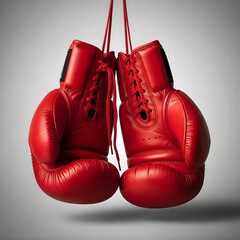 Red boxing gloves isolated next to a shiny pair of men's brown leather fashion shoes