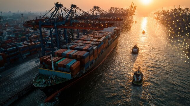 Container cargo ship sailing to harbor at sunset for import export logistic business concept - Powered by Adobe