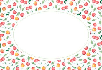 Watercolor oval berry frame with red and yellow cherries and green leaves on white background. Botanical fruit illustration border for jam labels, packaging, invitations, cards and summer designs.
