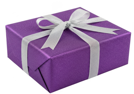 A purple gift box with a white ribbon and bow, isolated on transparent background grainy