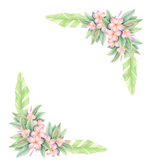 Watercolor and colored pencil corner frame with pink plumeria flowers isolated on white background. Botanical tropical border with frangipani for summer invitations, cards, labels, posters, packaging.