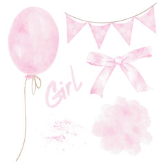 Pink balloon, banner, bow, and textured elementsas watercolor clipart create a feminine hand-drawn set. Perfect for baby shower cards, reveal invitations, printable decor, and themed stationer