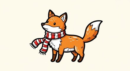 Charming Cartoon Fox Illustration with Winter Scarf on Isolated Background