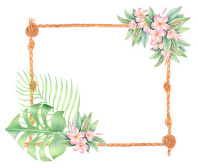 Watercolor and colored pencil square frame with pink plumeria flowers, tropical palm and monstera leaves and braided ropes isolated on white. Floral frangipani border for summer invitations and cards.