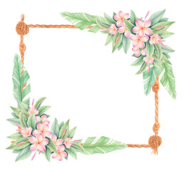 Watercolor and colored pencil square frame with pink plumeria flowers, tropical leaves and braided ropes isolated on white. Floral frangipani border for summer invitations, cards, posters, packaging.
