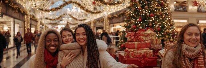 Joyful friends celebrating Christmas with gifts in a festive shopping mall, radiating holiday cheer and creating unforgettable memories together during the season