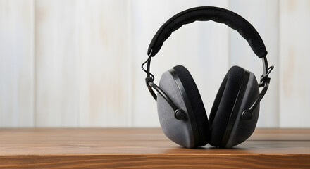 Black headphones resting on wooden surface with white wall background  