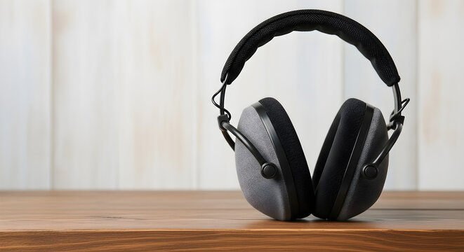Black headphones resting on wooden surface with white wall background  