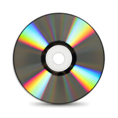 Shiny compact disc or DVD for data storage on a white background is a common digital technology medium