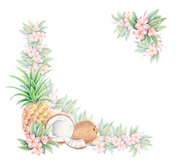 Watercolor and colored pencil corner frame with plumeria flowers, pineapple and coconut isolated on white. Botanical tropical fruit border for summer invitations, cards, labels, posters and packaging.