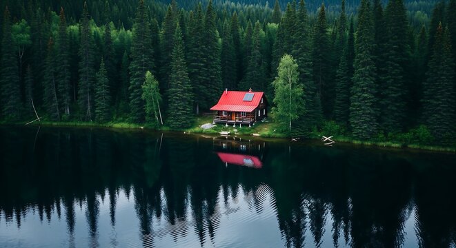 Remote red roof cabin in dense forest reflecting on clear lake