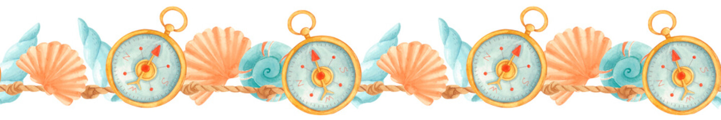 Watercolor nautical seamless border with vintage compasses, seashells, spiral shells, starfish and twisted rope isolated on white. Summer marine design for textile prints, invitations and packaging.