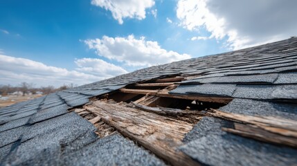 Damaged roof with missing shingles and exposed wood, revealing the vulnerability of the structure
