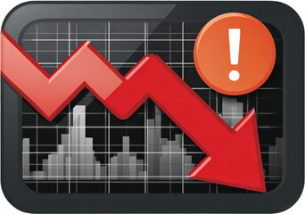 Downward Trend Graph with Warning Sign Indicator