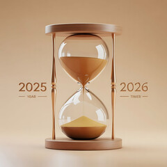 Hourglass with sand flowing from 2025 to 2026 on a white background