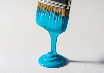Blue paint dripping from a paintbrush onto a white canvas. Splash of bright cyan color. Art painting and creativity concept.