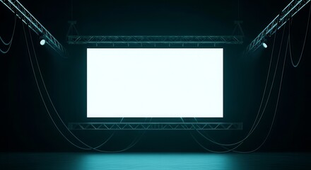 Dramatic Stage With Blank Screen Illuminated By Blue Lighting and Elegant Cables