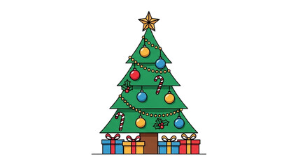 Festive Christmas Tree Illustration with Decorations and Gifts