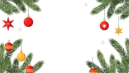 Festive Christmas Holiday Frame with Fir Tree Branches and Ornaments on White Background for Greeting Card or Banner Design