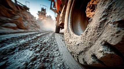 A close-up of a large tire on a dirt road, industrial backdrop