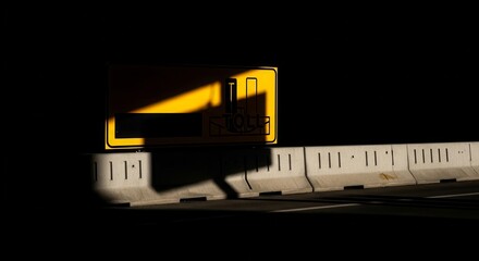 Dramatic Sunlight Illuminates Roadside Sign Amidst Concrete Barriers and Shadow Play