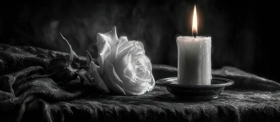 Black and white still life with a white rose and lit candle