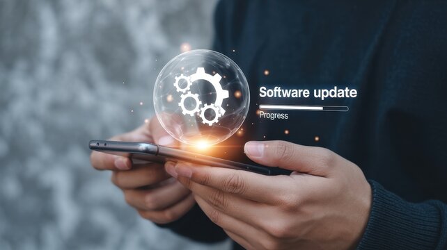 Software update on mobile phone with gears and loading bar illustration