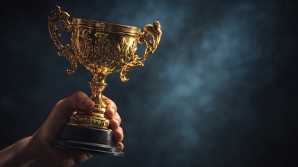 Triumphant Hand Holding Ornate Gold Trophy