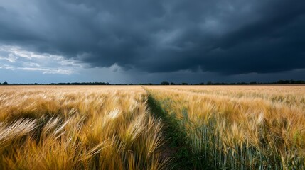 Naklejka premium Dark storm clouds loom over a golden wheat field in the countryside during late afternoon