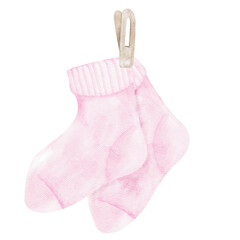 Pink baby socks pair illustrated as hand drawn watercolor clipart perfect for baby girl shower cards, product labels, invitations, nursery art and coordinated printable sets for infant-themed designs