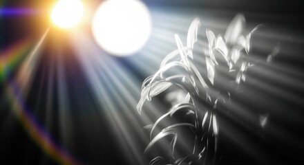 Dramatic spotlight illuminates a ghostly ethereal figure with glowing light rays and lens flare creating a mystical and spiritual atmosphere