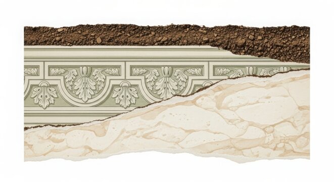 Torn antique wallpaper reveals ornate classical architectural molding and textured plaster surface below