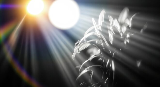 Dramatic spotlight illuminates a ghostly ethereal figure with glowing light rays and lens flare creating a mystical and spiritual atmosphere